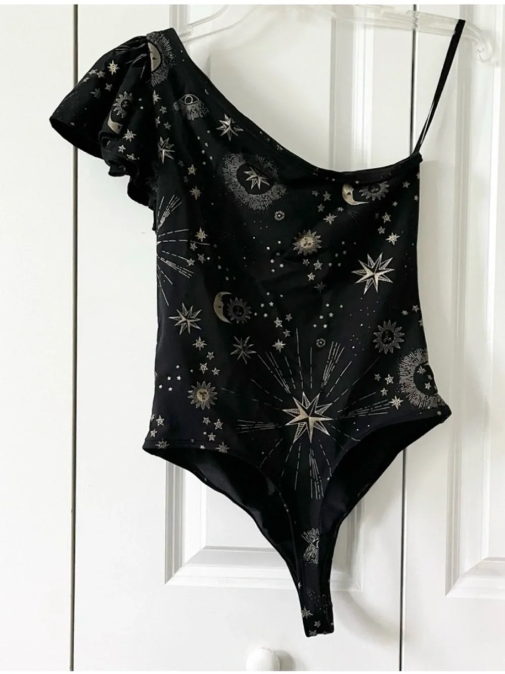 Carbon38 Black One-Shoulder Bodysuit with Gold Celestial Print - Picture 5 of 8